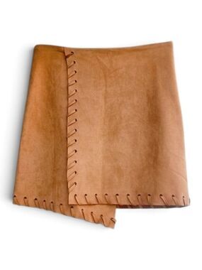 Haute Rogue Whipstitch Faux Suede Mini Skirt Tan Asymmetrical Wrap Size M